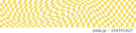 Checkered white and orange chessboard background with distortion. Psychedelic pattern with warped squares. Optical illusion effect. Trippy checker board texture 108341827