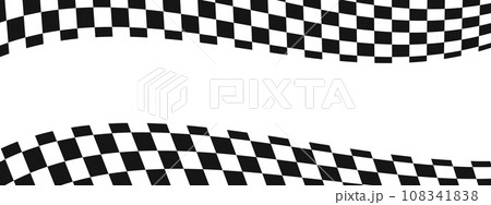 Waving race flags background with copy space. Motocross, rally, sport car competition wallpaper. Warped black and white squares pattern. Checkered winding texture. Distorted chessboard layout 108341838