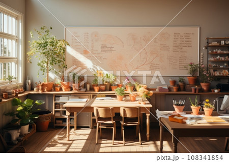 Classroom school.Interior of clean spacious classroom ready for new school year. Empty room with white walls, comfortable desks, chairs, green blackboard, whiteboard. Back to school. 108341854