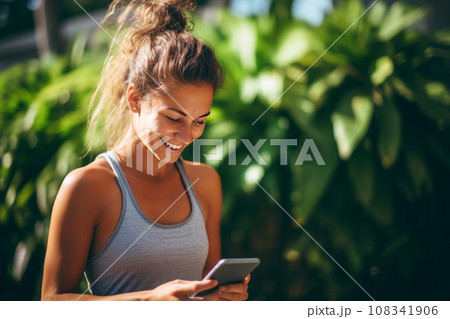 Hispanic woman using phone before morning jog Hispanic woman using phone before morning jog 108341906