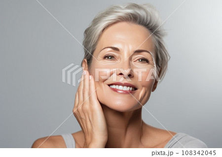 Skin beauty. Woman's head and shoulders, touching fresh, moisturized facial skin, applying toner, skin cream or lotion for a healthy look. Skin beauty. Woman's head and shoulders, touching fresh, moisturized facial skin, applying toner, skin cream or lotion for a healthy look. 108342045