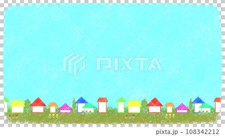 鬱鬱蔥蔥的住宅區和藍天的蠟筆藝術[16:9] 108342212