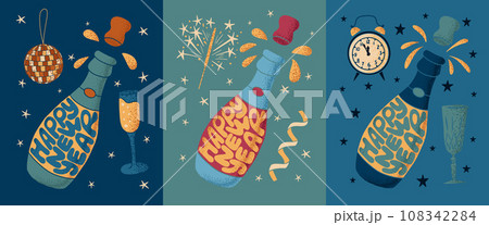 New year hand drawn typographic compositions. Trendy composition in retro style for posters, cards, shirt print social media. Flat hand drawn slogan Happy New Year in a shape of champagne bottle New year hand drawn typographic compositions. Trendy composition in retro style for posters, cards, shirt print social media. Flat hand drawn slogan Happy New Year in a shape of champagne bottle 108342284