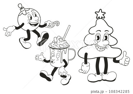 Black and white Christmas cartoon characters set. Winter holiday vintage illustrations. Funny retro old cartoon Christmas decoration with faces 108342285