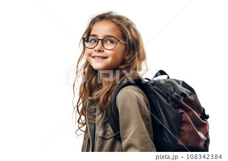 Portrait of a schoolgirl girl with glasses and a backpack Portrait of a schoolgirl girl with glasses and a backpack 108342384