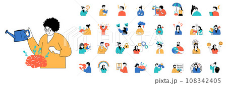 Mental health concept with people situations mega set in flat web design. Bundle scenes of psychotherapy and psychological support. Vector illustrations for social media banner, marketing material. 108342405