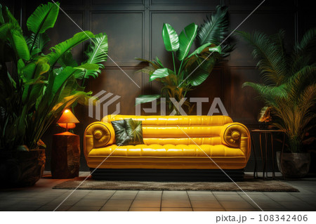 A sofa with neon lighting stands in a room with tropical plants 108342406