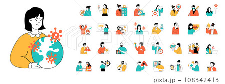Coronavirus concept with people situations mega set in flat web design. Bundle scenes of epidemic, vaccination, disease prevention. Vector illustrations for social media banner, marketing material. 108342413