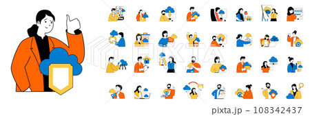 Cloud computing concept with people situations mega set in flat web design. Bundle scenes of cloud technology, data storage, hosting. Vector illustrations for social media banner, marketing material. Cloud computing concept with people situations mega set in flat web design. Bundle scenes of cloud technology, data storage, hosting. Vector illustrations for social media banner, marketing material. 108342437