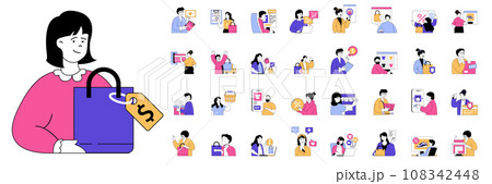 Shopping concept with people situations mega set in flat web design. Bundle scenes of buyers make purchase orders on seasonal sales. Vector illustrations for social media banner, marketing material. Shopping concept with people situations mega set in flat web design. Bundle scenes of buyers make purchase orders on seasonal sales. Vector illustrations for social media banner, marketing material. 108342448