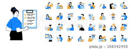 Delivery concept with people situations mega set in flat web design. Bundle scenes of global logistic management, shipping parcels. Vector illustrations for social media banner, marketing material. Delivery concept with people situations mega set in flat web design. Bundle scenes of global logistic management, shipping parcels. Vector illustrations for social media banner, marketing material. 108342450