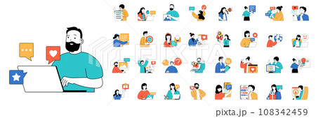 Social media concept with people situations mega set in flat web design. Bundle scenes of chatting, following, internet influence. Vector illustrations for social media banner, marketing material. 108342459