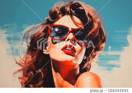 Portrait of a beautiful fashionable woman with a hairstyle and sunglasses, on a blue sky background. Bright day, teal and orange color. Illustration poster in the style of 1960 108342691