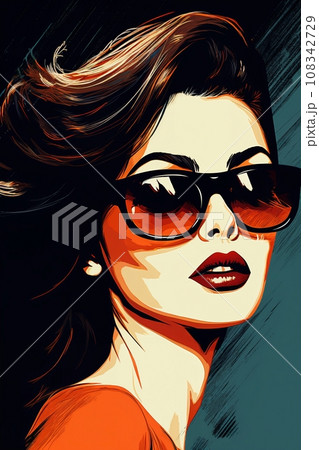 Portrait of a beautiful fashionable woman with a hairstyle and sunglasses, dark blue background. Illustration, poster in style of the 1960s Portrait of a beautiful fashionable woman with a hairstyle and sunglasses, dark blue background. Illustration, poster in style of the 1960s 108342729