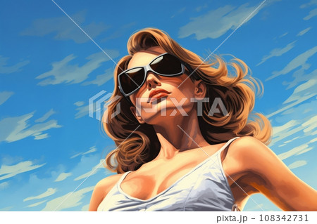 Portrait of a beautiful fashionable woman with a hairstyle and sunglasses, on a blue sky background. Bright day, blue and orange color. Illustration poster in the style of 1960 108342731