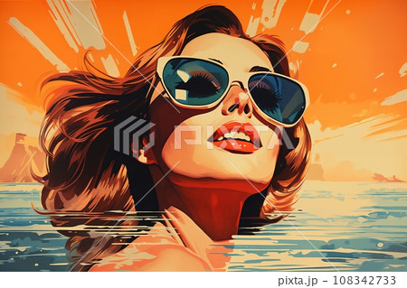 Portrait of a beautiful fashionable woman with a hairstyle and sunglasses, swims in the sea, at sunset, blue sky background. Illustration, poster in style of the 1960s 108342733