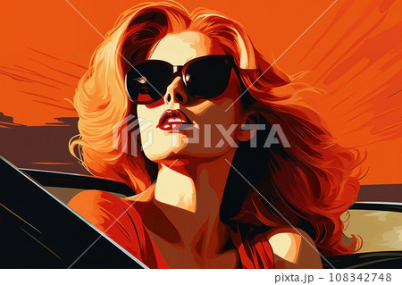 Portrait of a beautiful fashionable woman with a hairstyle and sunglasses, in a car. Bright sunset sky, orange color. Illustration poster in the style of 1960 Portrait of a beautiful fashionable woman with a hairstyle and sunglasses, in a car. Bright sunset sky, orange color. Illustration poster in the style of 1960 108342748