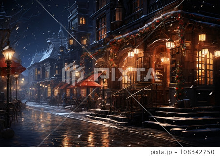 city street on a rainy night, cafes and shops, street lights reflected in the wet pavement, random people, late autumn season 108342750