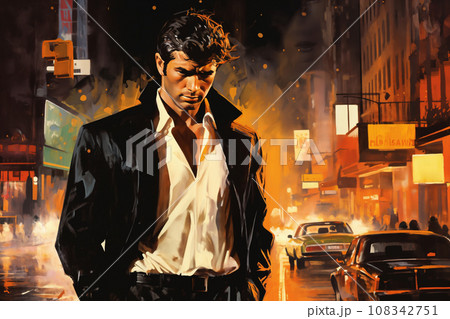 Portrait of a handsome man, in a city street, at night. Illustration poster in the style of 1960 108342751