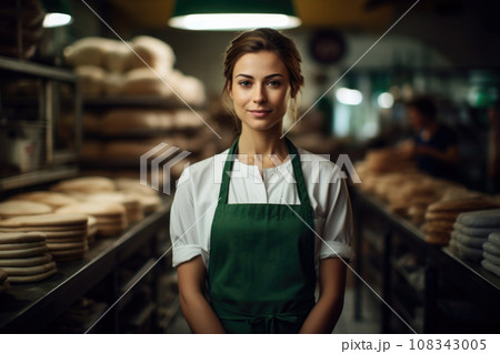Smiling beautiful woman baker in uniform stands near the oven before the start work bakery production of pastries 108343005