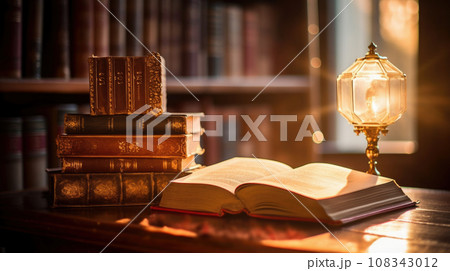 Open book on the table, illuminated by sunlight. Stack of vintage books in the background. Selective focus 108343012