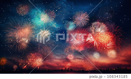 fireworks over night city sky, holiday background, bright colorful lights fireworks over night city sky, holiday background, bright colorful lights 108343185