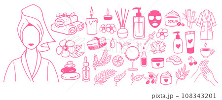 Spa salon accessorises colection in pink colors Spa salon accessorises colection in pink colors 108343201