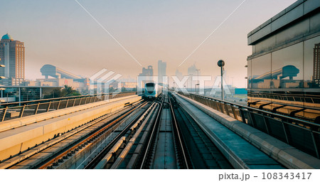 monorail Metro In Dubai, United Arab Emirates. FPV POV At Fast Speed Drive Motion. driverless metro. futuristic city skyline in UAE.street motion Dubai Subway Tunnel 108343417