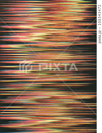 Color distortion background. Glitch art. Static noise. Orange pink fuzzy lines artifacts texture on dark black abstract illustration wallpaper. Color distortion background. Glitch art. Static noise. Orange pink fuzzy lines artifacts texture on dark black abstract illustration wallpaper. 108343472