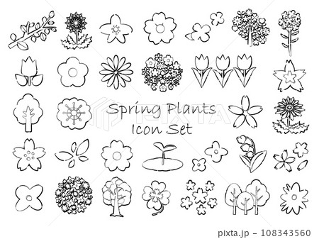 春の植物のアイコンセット　線画・透過白背景 108343560