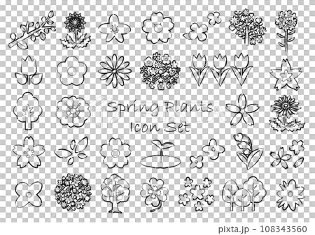 春の植物のアイコンセット　線画・透過白背景 108343560