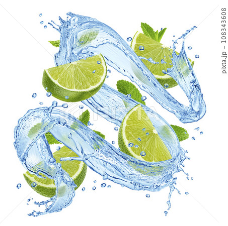 Lime and mint with water splashes isolated on white background Lime and mint with water splashes isolated on white background 108343608