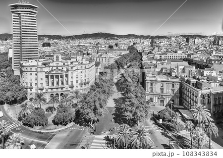 Aerial view of La Rambla pedestrian mall, Barcelona, Catalonia, Spain Aerial view of La Rambla pedestrian mall, Barcelona, Catalonia, Spain 108343834