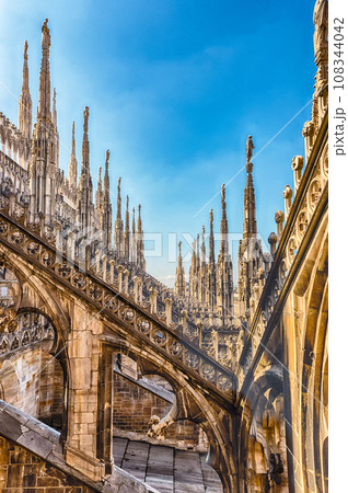 Spiers and statues on the gothic Cathedral of Milan, Italy Spiers and statues on the gothic Cathedral of Milan, Italy 108344042