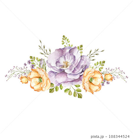 lilac delicate roses, light orange poppies, decorative twigs and leaves. bouquet watercolor illustration on a white background. in the style of a sketch. 108344524