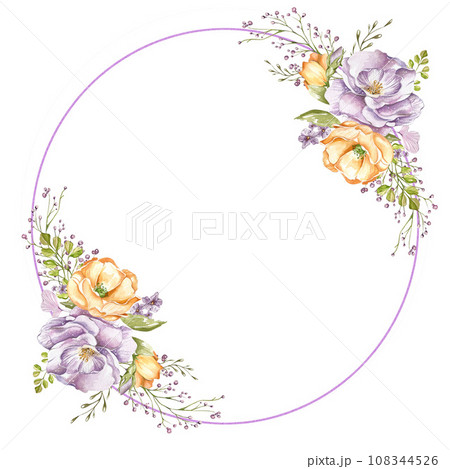 lilac delicate roses, light orange poppies, decorative twigs and leaves. bouquet watercolor illustration on a white background. in the style of a sketch. 108344526
