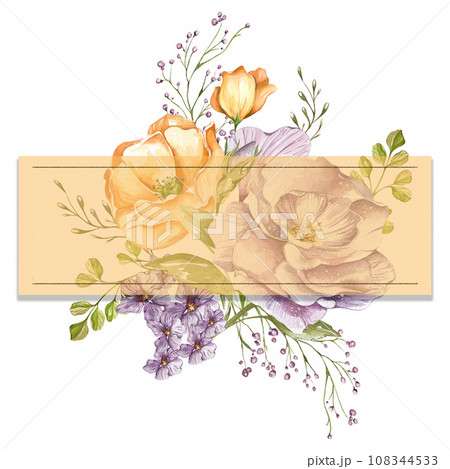 lilac delicate roses, light orange poppies, decorative twigs and leaves. bouquet watercolor illustration on a white background. in the style of a sketch. 108344533