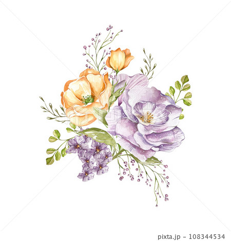 lilac delicate roses, light orange poppies, decorative twigs and leaves. bouquet watercolor illustration on a white background. in the style of a sketch. 108344534
