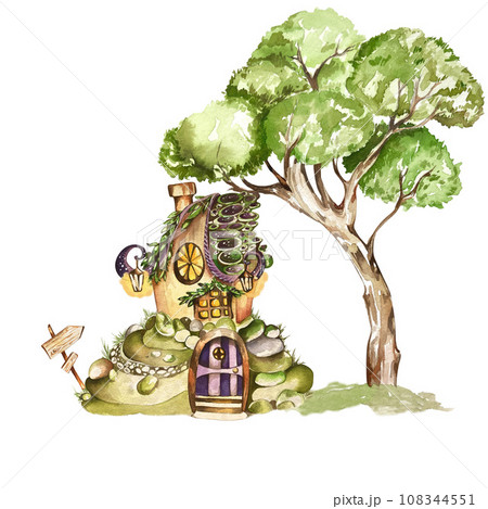composition with fairy house and tall tree. watercolor illustration. composition with fairy house and tall tree. watercolor illustration. 108344551