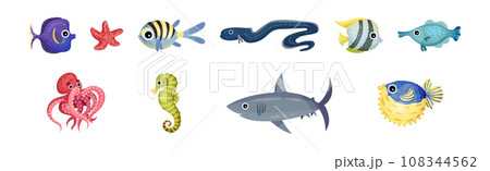 Cute Sea Animals and Underwater Creature with Shark, Seahorse, Blowfish and Octopus Vector Set Cute Sea Animals and Underwater Creature with Shark, Seahorse, Blowfish and Octopus Vector Set 108344562