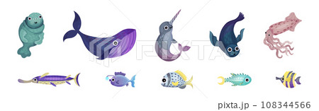 Cute Sea Animals and Underwater Creature with Seal, Narwhale and Whale Vector Set Cute Sea Animals and Underwater Creature with Seal, Narwhale and Whale Vector Set 108344566