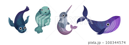 Cute Sea Animals and Underwater Creature with Seal, Narwhale and Whale Vector Set 108344574