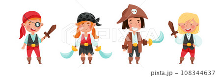 Cheerful Boy and Girl in Pirate Costume with Sword or Saber Vector Set 108344637