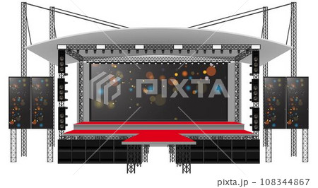 red stage and speaker with led screen on the truss system on the white background	 108344867
