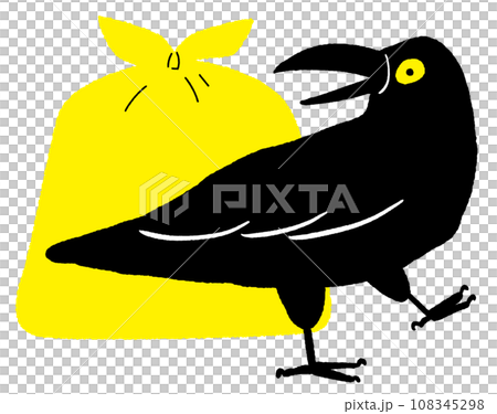 黄色い有料ゴミ袋と歩いているカラスのイラスト 危険 注意 怖い 黒い 烏 鳥  108345298