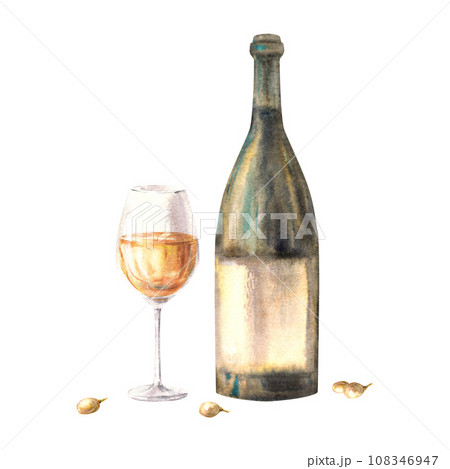 A bottle and glass of white wine with grape berries. Watercolour hand draw food illustration on white background. Wine making set for your design print of sticker, flyers, drink menu, wine list, card A bottle and glass of white wine with grape berries. Watercolour hand draw food illustration on white background. Wine making set for your design print of sticker, flyers, drink menu, wine list, card 108346947
