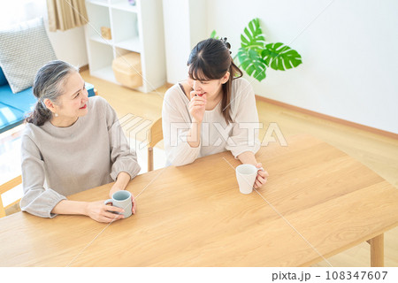 部屋で仲良く話すシニア女性と若い女性 108347607