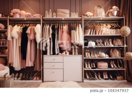 Fashion clothes on rack. High-end boutique found in upscale shopping districts and show renowned brands known for quality with craftsmanship. Walk-in wardrobe room with clothes on rack 108347937
