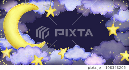 Night sky with a yellow moon, suspended stars and clouds sewn from fabric with thread stitches. Hand drawn watercolor illustration. Horizontal banner, frame, template on a dark blue background. 108348206
