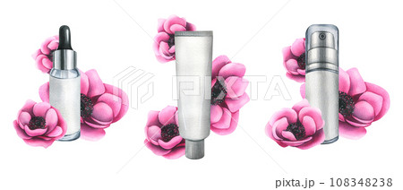 Personal care cosmetics in jar, tube, dispenser with anemone flowers. Hand drawn watercolor illustration. Set of isolated elements on a white background for the beauty industry, advertising and design 108348238